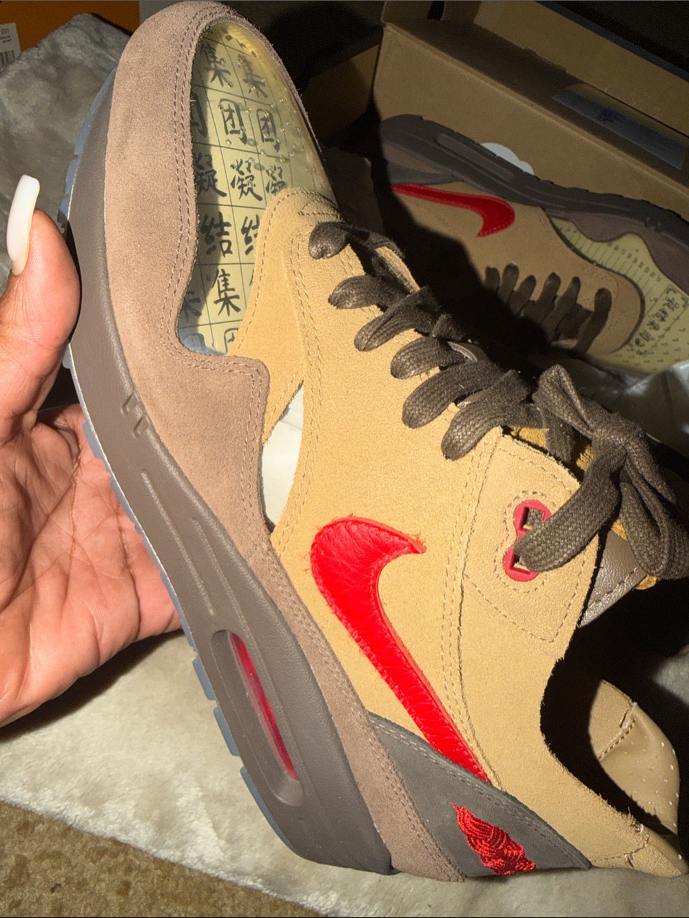 Nike Men's Suede Sneakers in Tan with Red Swoosh Air Max 1
